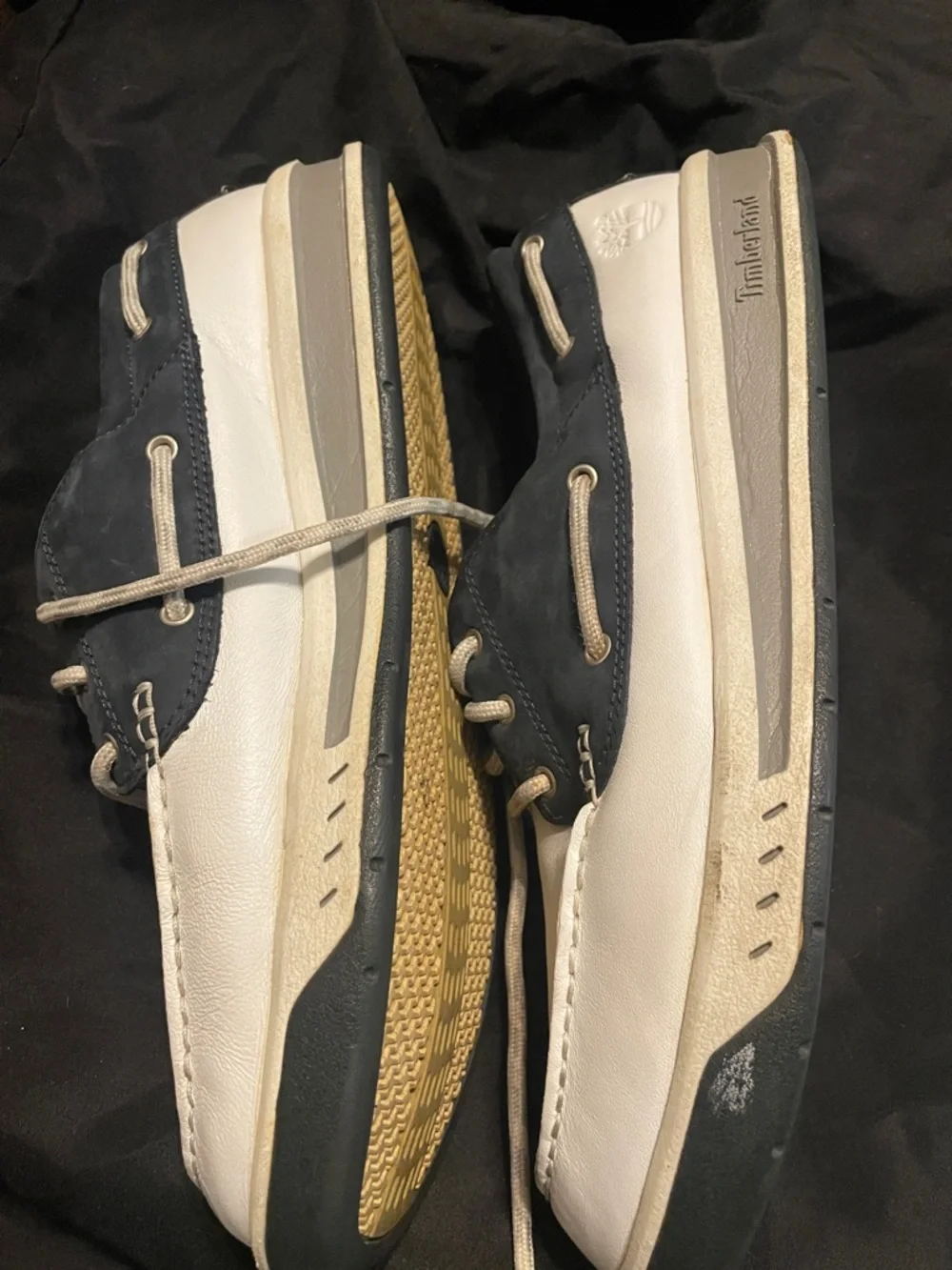 Timberland Two-Tone White and Navy Leather Boat Shoes